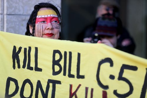 A Bill C-51 protest in front of City Hall, Saturday, March 14, 2015. (TREVOR HAGAN/WINNIPEG FREE PRESS)