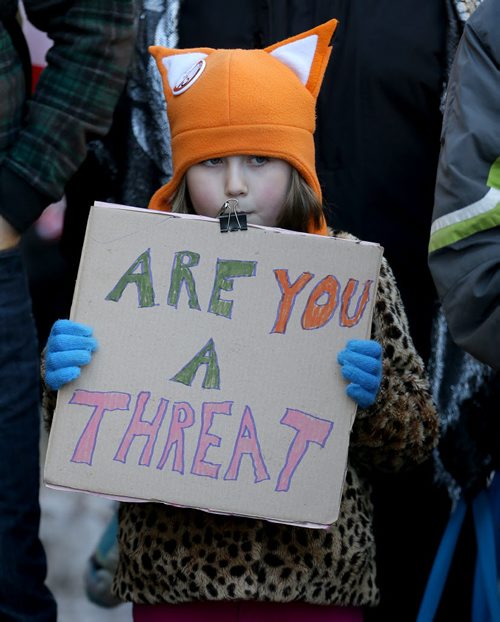 A Bill C-51 protest in front of City Hall, Saturday, March 14, 2015. (TREVOR HAGAN/WINNIPEG FREE PRESS)