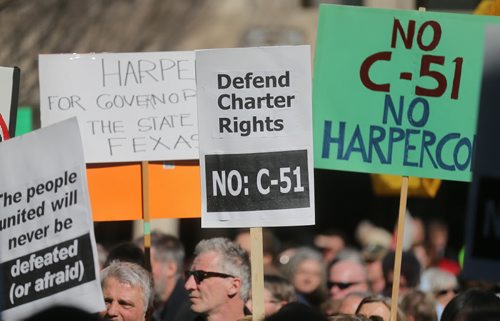 A Bill C-51 protest in front of City Hall, Saturday, March 14, 2015. (TREVOR HAGAN/WINNIPEG FREE PRESS)