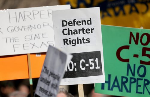 A Bill C-51 protest in front of City Hall, Saturday, March 14, 2015. (TREVOR HAGAN/WINNIPEG FREE PRESS)