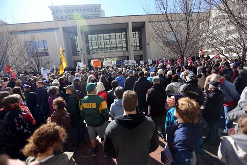 A Bill C-51 protest in front of City Hall, Saturday, March 14, 2015. (TREVOR HAGAN/WINNIPEG FREE PRESS)