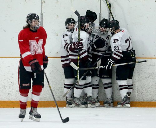 The St.Paul's Crusaders' celebrate a goal by David MacDonald during their game against the Morden Thunder at Dakota Arena, Saturday, March 14, 2015. (TREVOR HAGAN/WINNIPEG FREE PRESS)