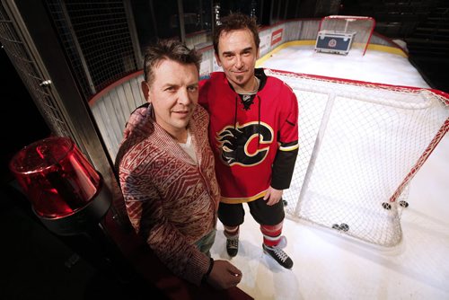 March 15, 2015 - 150315  -  Former NHLer Theo Fleury (L) and  actor Shaun Smyth, star of Playing With Fire: The Theo Fleury Story, are photographed on set at Prairie Theatre Exchange Sunday, March 15, 2015. John Woods / Winnipeg Free Press