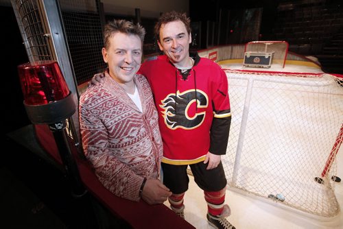 March 15, 2015 - 150315  -  Former NHLer Theo Fleury (L) and  actor Shaun Smyth, star of Playing With Fire: The Theo Fleury Story, are photographed on set at Prairie Theatre Exchange Sunday, March 15, 2015. John Woods / Winnipeg Free Press