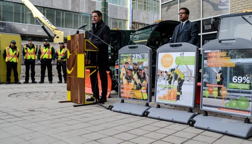 Mayor Brian Bowman speaks at a downtown press conference celebrating Winnipeg's improved downtown cleanliness statistics and enhanced services for 2015. Monday, March 16, 2015  - (JENNA DULEWICH/WINNIPEG FREE PRESS)