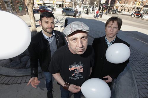 March 16, 2015 - 150316  -  Documentary film maker Nihad Ademi (C) with WSO's Alexander Mickelthwate (R) and Frank Albo are photographed Monday, March 16, 2015 in Osborne Village. Ademi plans on making, White Balloon, a documentary about the nightmare of his imprisonment in a Bosnian concentration camp with the help of filmmaker Guy Maddin, WSO music director Alexander Mickelthwate and Frank Albo.  Mickelwaite. John Woods / Winnipeg Free Press