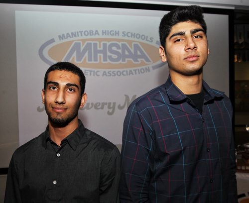 Karanjit Gill (left) and Dharmjit Dhillon (right) from the Kildonan Rast Reivers were in attendance at a press conference highlighting the eight teams that will be taking part in the High School Basketball Championships this weekend.  150317 March 17, 2015 Mike Deal / Winnipeg Free Press