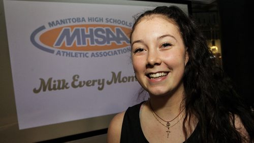 Jordan Tully from the Oak Park Raiders was in attendance at a press conference highlighting the eight teams that will be taking part in the High School Basketball Championships this weekend.  150317 March 17, 2015 Mike Deal / Winnipeg Free Press