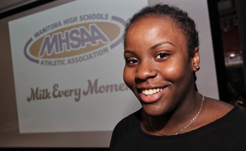 Kyanna Giles from the Sisler Spartans was in attendance at a press conference highlighting the eight teams that will be taking part in the High School Basketball Championships this weekend.  150317 March 17, 2015 Mike Deal / Winnipeg Free Press