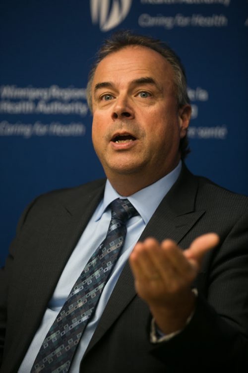 Real Cloutier, VP of WRHA, speaks to media at a press conference Tuesday afternoon, after a pharmacist from the Grace Hospital was found to have accessed 56 private medical records of patients because he was "curious."  150317 - Tuesday, March 17, 2015 - (Melissa Tait / Winnipeg Free Press)