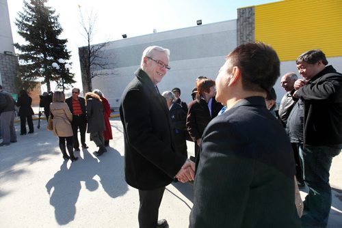 Premier Greg Selinger  greets supporters after a press conference at the QuickCare Clinic Wednesday. See Bruce Owen story.  March 18, 2015 Ruth Bonneville / Winnipeg Free Press.