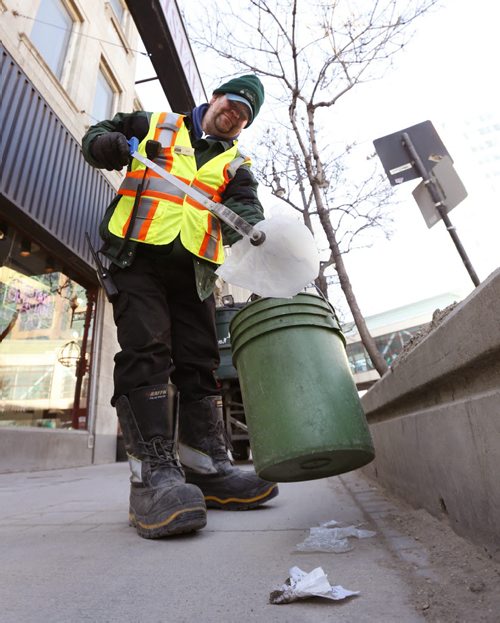 Mike Haskins, a former homeless person who has been working with the Downtown Winnipeg BIZ Metro Enviro-Team. Jenna Dulewich  story. Wayne Glowacki/Winnipeg Free Press March 18 2015
