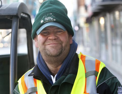 Mike Haskins, a former homeless peron who has been working with the Downtown Winnipeg BIZ Metro Enviro-Team. Jenna Dulewich  story. Wayne Glowacki/Winnipeg Free Press March 18 2015