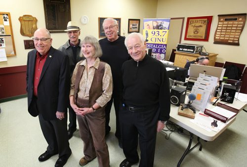 Philanthropy - radio show CJNU CJNU production crew stand next to radio board set up in the Shriner's Temple where they are broadcasting for the month of March to raise funds for the Shriners.  See Kevin Rollason's story. Names from left - Bill Stewart (red), Tom Dercola (hat), Lee Major (rear), Ernie Nairn (right) and Susan Hamilton.   March 18, 2015 Ruth Bonneville / Winnipeg Free Press.