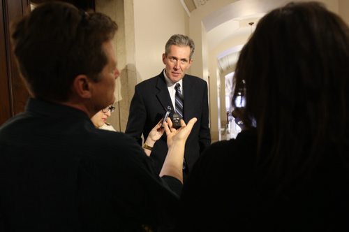 Leader PC Party of Manitoba Brian Pallister comments on the headlines of the day today at the Manitoba Legislature-See Bruce Owen story- Mar 19, 2015   (JOE BRYKSA / WINNIPEG FREE PRESS)