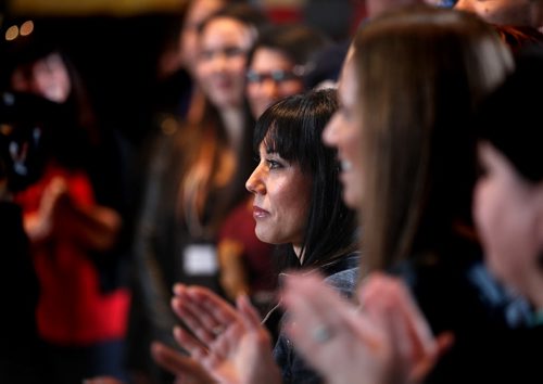 Model Leah Gazan stands with other models in KC Adams Perception series which launched at Manitoba Hydro Place downtown Thursday evening. See Geoff Kirbyson story. March 19, 2015 - (Phil Hossack / Winnipeg Free Press)