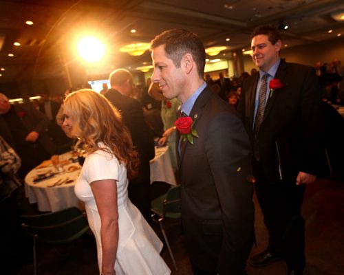 Mayor Brian Bowman accompanied by his wife Tracy arrive at the Chamber of Comerce annual "State of the City" banquet and speech. See story. March 20, 2015 - (Phil Hossack / Winnipeg Free Press)