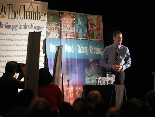 Mayor Brian Bowman takes to the stage for his annual "State of the City" speech. See story. March 20, 2015 - (Phil Hossack / Winnipeg Free Press)