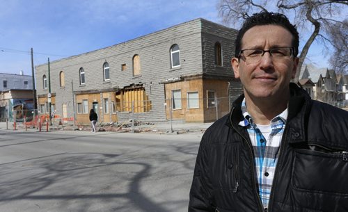Sal Infantino with the damaged Hood Block at 543 Sargent Avenue at Langside Street he owns  that is set to be demolished.  He also owns the neighbouring X-Cues Billiards and Cafe at 551 Sargent Avenue.  Christian Cassidy "This Was Winnipeg" column  Wayne Glowacki/Winnipeg Free Press March 20 2015