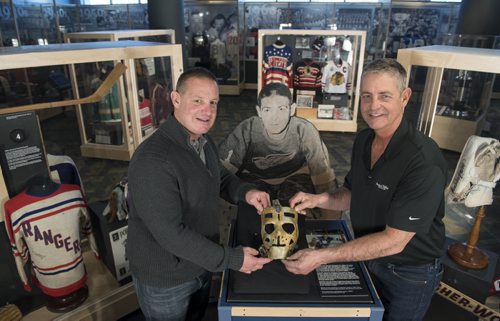 150320 Winnipeg - DAVID LIPNOWSKI / WINNIPEG FREE PRESS  Terry Sawchuk's sons Terry (left) and Jerry (right) visited the Manitoba Sports Hall of Fame Friday March 20, 2015. They sons made a pilgrimage from their homes in Detroit to see where their late father, one of the NHL's greatest goaltenders, lived and played.