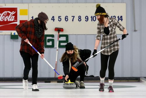 Maia Graham-Derham, Pam Sterzer, and Sara Drysdale, from The PBR's, during the Lite's Hurry Hard charity curling funspiel at the Thistle Curling Club, Saturday, March 21, 2015. (TREVOR HAGAN/WINNIPEG FREE PRESS)