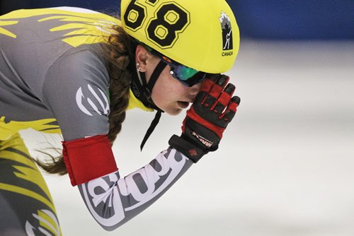 Manitoba's Emma Javra (68) during a race at Speed Skating Canadas National Western Short Track Championships Sunday afternoon in Selkirk, MB.   150322 March 22, 2015 Mike Deal / Winnipeg Free Press