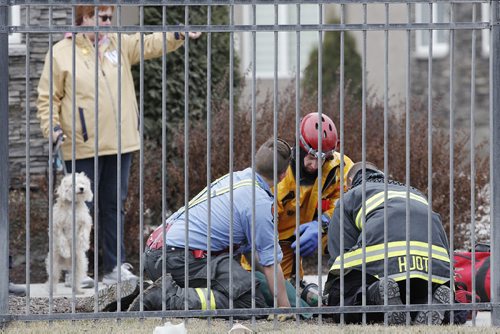 March 22, 2015 - 150322  -  A fire emergency crew revives a dog that was rescued from the Red River along Henderson close to Monroe Sunday, March 22, 2015. John Woods / Winnipeg Free Press