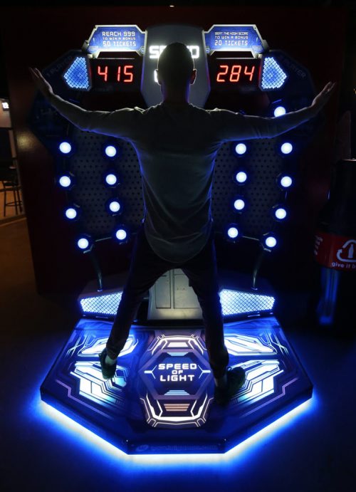 Max Druxman celebrates after winning at Speed of Light at Reset Interactive Ultralounge, Saturday, February 14, 2015. (TREVOR HAGAN/WINNIPEG FREE PRESS)