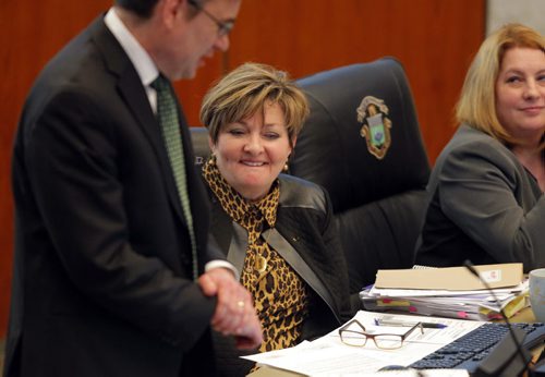 City budget talks at city hall. Janice Lukes centre. BORIS MINKEVICH/WINNIPEG FREE PRESS MARCH 23, 2015