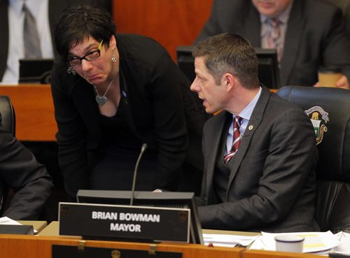City budget talks at city hall. Jenny Gerbasi and Brian Bowman chat. BORIS MINKEVICH/WINNIPEG FREE PRESS MARCH 23, 2015