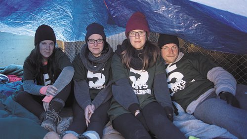 Canstar Community News University of Manitoba students Alannah Matte, Deanna Mirlycourtois, Karli Kirkpatrick, and Al Turnbull spent five days sleeping outside University Centre in support of Resource Assistance for Youth. (DANIELLE DA SILVA/CANSTAR/SOUWESTER)