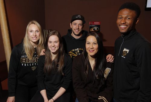 2014-15 Bison Sports Athletes of the Year nominees: left to right  Bison womens volleyball Rachel Cockrell  Bison womens hockey Alanna Sharman  Bison mens swimming Dillon Perron  Bison womans swimming Kimberly Moors  Bison mens track & field Alhaji Mansaray  BORIS MINKEVICH/WINNIPEG FREE PRESS MARCH 25, 2015