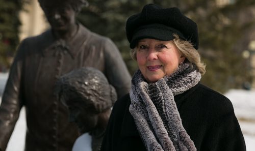 Janice Filmon, who was appointed lieutenant-governor of Manitoba, photographed at the Famous Five and Nellie McClung statue that she helped to bring to the grounds of the Manitoba Legislative Building. 150325 - Wednesday, March 25, 2015 - (Melissa Tait / Winnipeg Free Press)