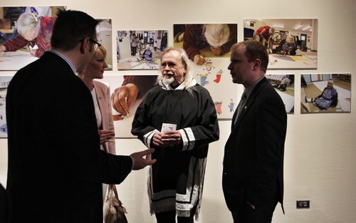 Fred Ford (centre), President and Board Chair, Manitoba Inuit Association, talks with attendees at the announcement of TD Bank Group's financial support of $500,000 for the WAG's new Inuit Art Centre.  150326 March 26, 2015 Mike Deal / Winnipeg Free Press