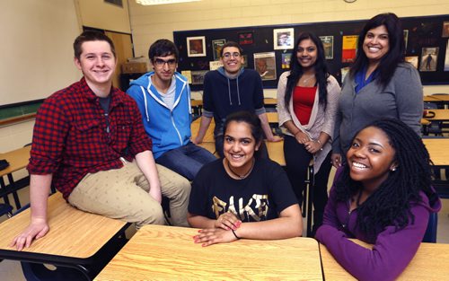 River East Collegiate students from left in foreground Quiana Kumar and Jayda Hope, back row from left, James Pither, Kartik Sachar, Emmanuel Cardozo, Kaela Rampersad and teacher Anita Maharaj Kumar are  going to the US to compete in an ethics bowl, in which they examine and discuss the ethical aspects of real-life situations. Nick Martin story Wayne Glowacki/Winnipeg Free Press March 26 2015