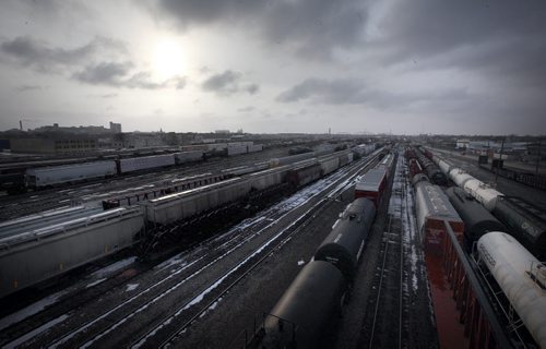 The CP rail yards and the city center. See story. March 27, 2015 - (Phil Hossack / Winnipeg Free Press)