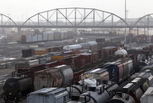 The CP rail yards and the city center. See story. March 27, 2015 - (Phil Hossack / Winnipeg Free Press)