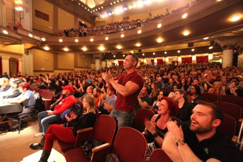 The a full house of spectators applaud the competitors during the   Manitoba Bodybuilding  Association Provincial Qualifier competition at Pantages Saturday night.   March 28, 2015 Ruth Bonneville / Winnipeg Free Press.