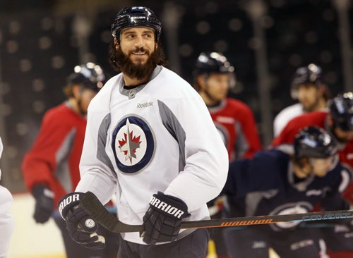 Winnipeg Jets Chris Thorburn has a laugh at practice today at the MTS Centre- The team is in preparation for a tilt Wednesday against the New York Rangers-See Ed Tait story- Mar 30, 2015   (JOE BRYKSA / WINNIPEG FREE PRESS)