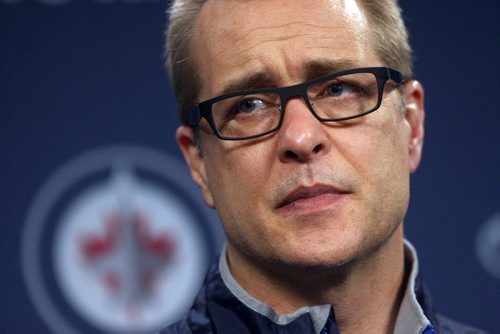 Winnipeg Jets  head coach Paul Maurice at his news conference Monday afternoon- His team is preparing for a Wednesday evening game in Winnipeg against the New York Rangers-See Ed Tait Story- Mar 30, 2015   (JOE BRYKSA / WINNIPEG FREE PRESS)