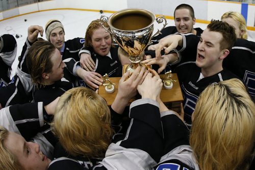 March 16, 2015 - 150316  -  Oak Park Raiders celebrate a winn over the St Paul's Crusaders in the AAAA High School Hockey Championship game at St James Civic Centre  Monday, March 16, 2015. John Woods / Winnipeg Free Press  March 16, 2015 - 150316  -  Oak Park Raiders defeated the St Paul's Crusaders in the AAAA High School Hockey Championship game at St James Civic Centre  Monday, March 16, 2015. John Woods / Winnipeg Free Press