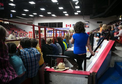 Kids line up along the boards to watch the Super Dogs Show at the Royal Manitoba Winter Fair in Brandon, Manitoba March 30, 2015 at the Keystone Centre.  150330 - Monday, March 30, 2015 - (Melissa Tait / Winnipeg Free Press)