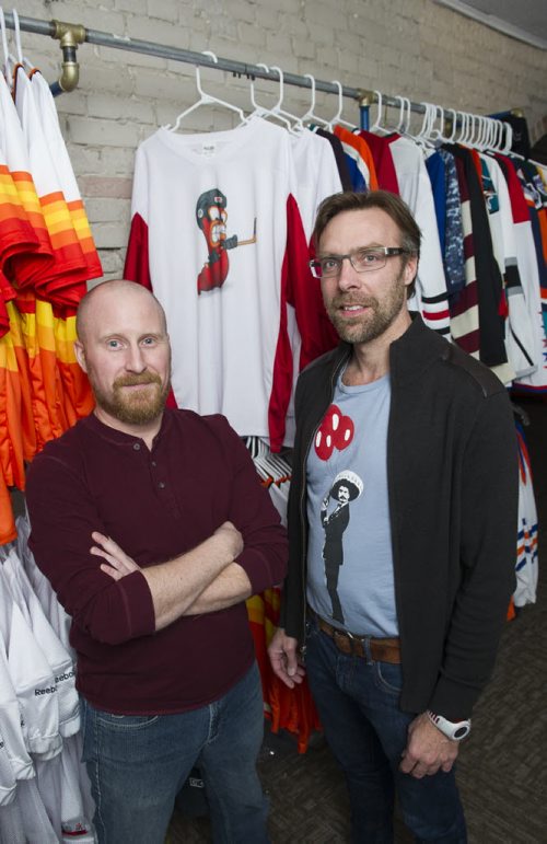 150331 Winnipeg - DAVID LIPNOWSKI / WINNIPEG FREE PRESS  Chris (Keener) Dougherty (left) and Jason Olson started their company, Keener Jerseys, late last year but Keener has been one of the top jersey customizers in the world for almost 20 years.  Dave Sanderson story
