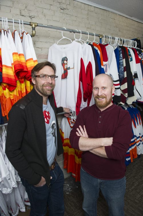150331 Winnipeg - DAVID LIPNOWSKI / WINNIPEG FREE PRESS  Jason Olson (left) and Chris (Keener) Dougherty started their company, Keener Jerseys, late last year but Keener has been one of the top jersey customizers in the world for almost 20 years.  Dave Sanderson story