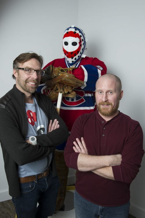 150331 Winnipeg - DAVID LIPNOWSKI / WINNIPEG FREE PRESS  Jason Olson (left) and Chris (Keener) Dougherty started their company, Keener Jerseys, late last year but Keener has been one of the top jersey customizers in the world for almost 20 years.  Dave Sanderson story