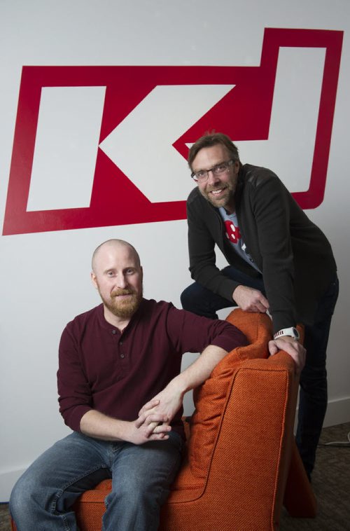 150331 Winnipeg - DAVID LIPNOWSKI / WINNIPEG FREE PRESS  Chris (Keener) Dougherty (left) and Jason Olson started their company, Keener Jerseys, late last year but Keener has been one of the top jersey customizers in the world for almost 20 years.  Dave Sanderson story