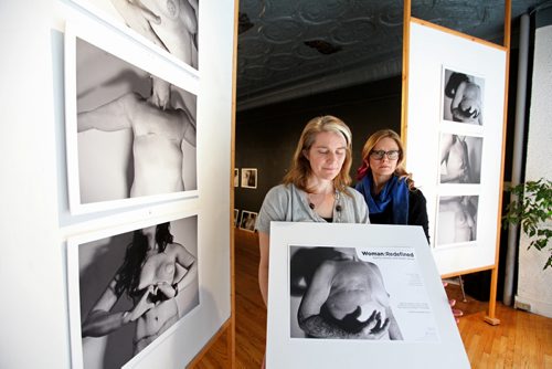 Kristina Hunter, a breast cancer survivor  and photographer ML Kenneth (glasses) produced a series of images of women  after surviving breast cancer surgery. The images are part of a upcoming exhibit at Fleet Galleries opening Thursday night. See Jen Zoratt's story.  April 1, 2015 Ruth Bonneville / Winnipeg Free Press.