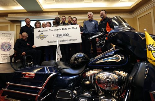 Supporters of the Manitoba Motorcycle Ride for Dad launched its 7th annual fundraising and prostate cancer awareness campaign at an event at the  McPhillips Station Casino Thursday that included a cheque of $286,000 presented to the Manitoba Prostate Cancer Research and Awareness raised from last year's ride. Over 1,500 motorcycle enthusiasts will head out on the highway this Saturday, May 30 in support of prostate cancer research and eduction. The Manitoba Ride has raised over $860,000 during the past 6 years with the proceeds staying in Manitoba. Carol Sanders story Wayne Glowacki/Winnipeg Free Press April 2 2015