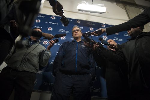 150405 Winnipeg - DAVID LIPNOWSKI / WINNIPEG FREE PRESS  Winnipeg Jets head coach Paul Maurice speaks to the media at the MTS Centre Sunday April 5, 2015.