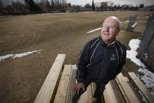 April 5, 2015 - 150405  -   Wayne Ruff is photographed Sunday, March 3, 2015 at a St Vital Park on Glen Meadow Drive. St Vital City Councillor Brian Mayes is putting a motion forward at the St Vital  Community Committee  to re-name the city park located on Glenmeadow Street  to "Wayne Ruff Park" in honour of Wayne Ruff and his fifty years of commitment to the educational system in St. Vital. Wayne Ruff devoted fifty years to a career as a teacher, coach, principal, administrator and finally school trustee in St Vital, retiring from his position as school trustee with the Louis Riel School Division in fall, 2014.  He has been honoured with the 2015 Manitoba School Boards Association Presidents' Council Award, as well as the Dean Brown award for Teacher Education in Manitoba as well as the Queen's Jubillee Medal. John Woods / Winnipeg Free Press